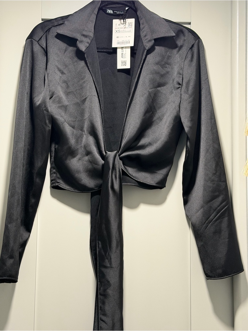 ZARA Black Satin Tie-Front Cropped Blazer